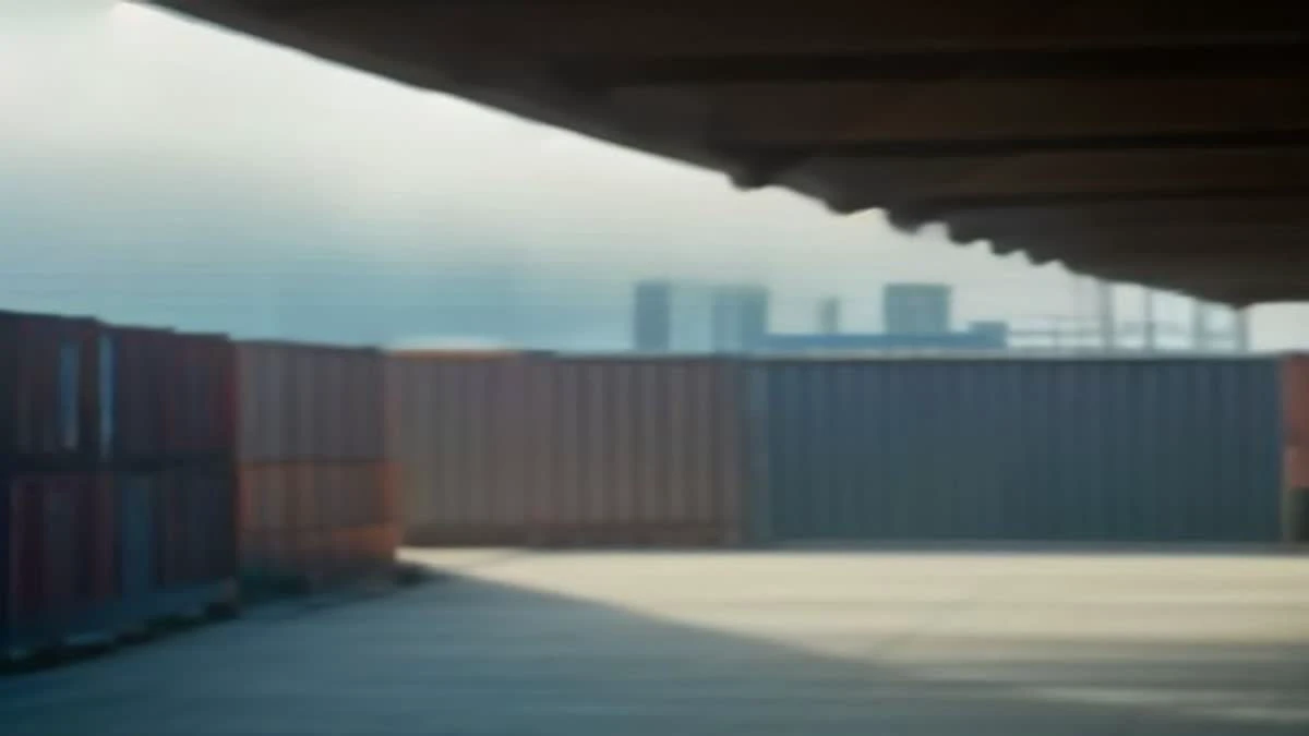 over-the-shoulder view of a wide shot of loading docks with containers and a forklift in motion, overcast diffused light